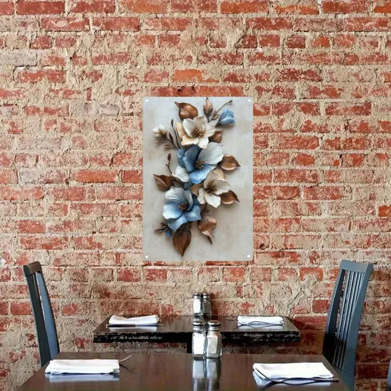 Elegant Blue and White Flower Metal Wall Art Easy To Hang Durable Wrought Iron Decoration