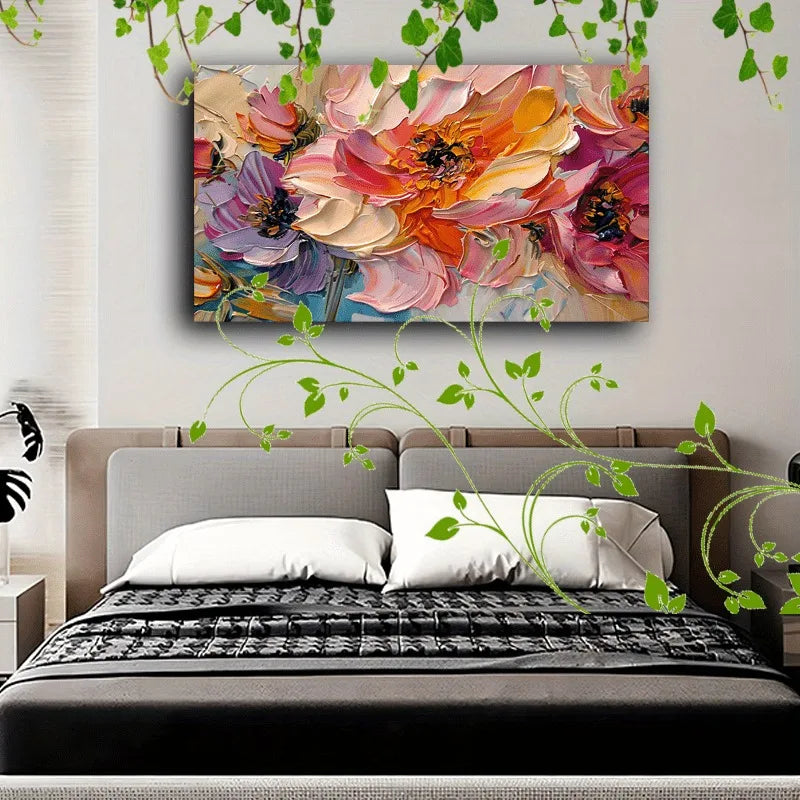 1pc Vibrant Floral Canvas Art with Wooden Frame - Textured Pastel Flowers, Abstract Blossom Arrangement