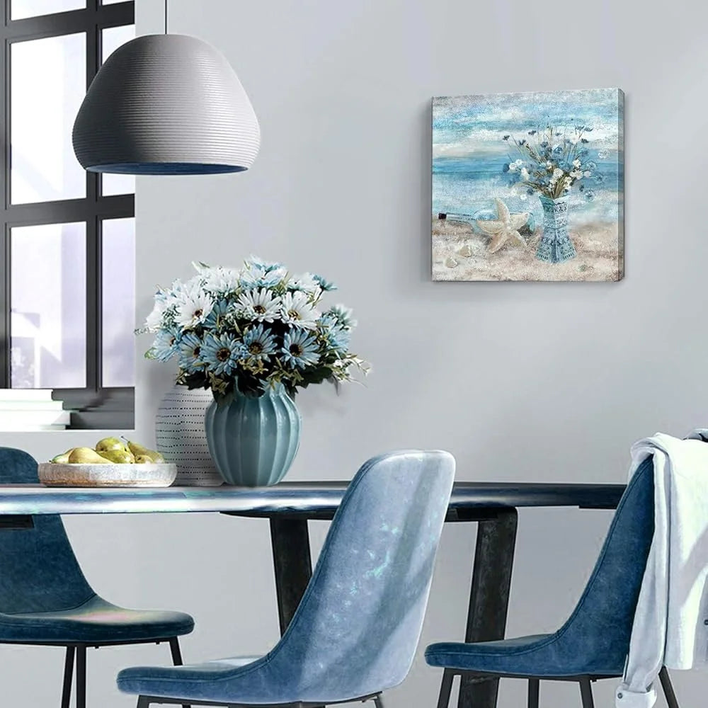 Coastal Beach Canvas Art Ocean Themed Wall Decor Framed Picture Flower Print