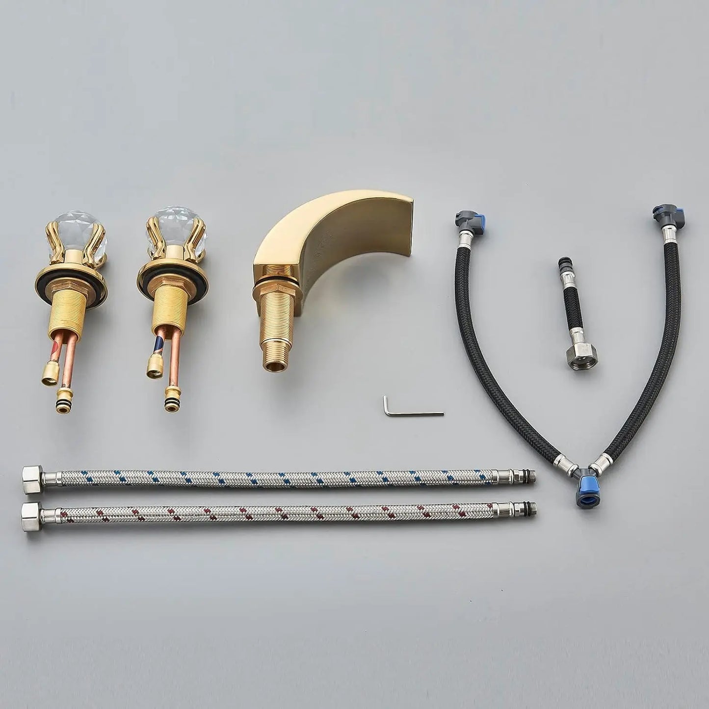 LED Widespread Bathroom Faucet Waterfall Gold Polished Lavatory 2 Crystal Knobs 3 Holes