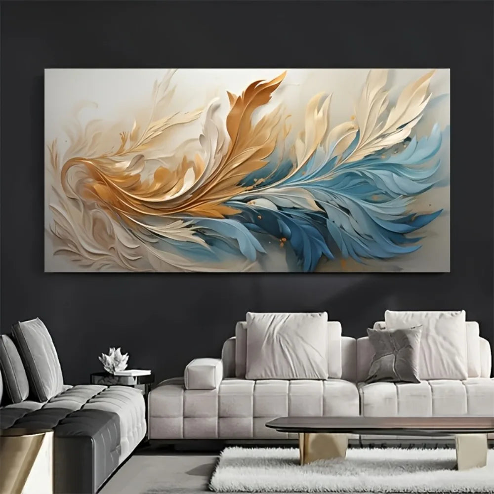 Modern abstract gold feather canvas art  1.5 inch thick pine solid wood frame