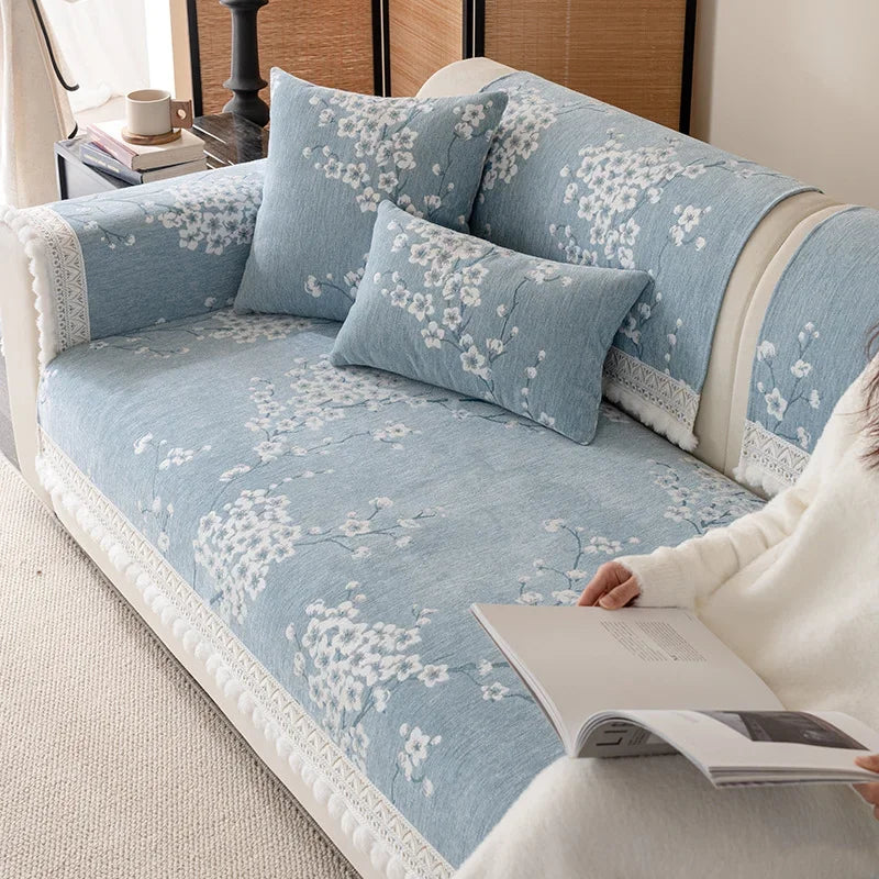 Chenille Flowers Sofa Cover All Season Non-slip Couch Protector