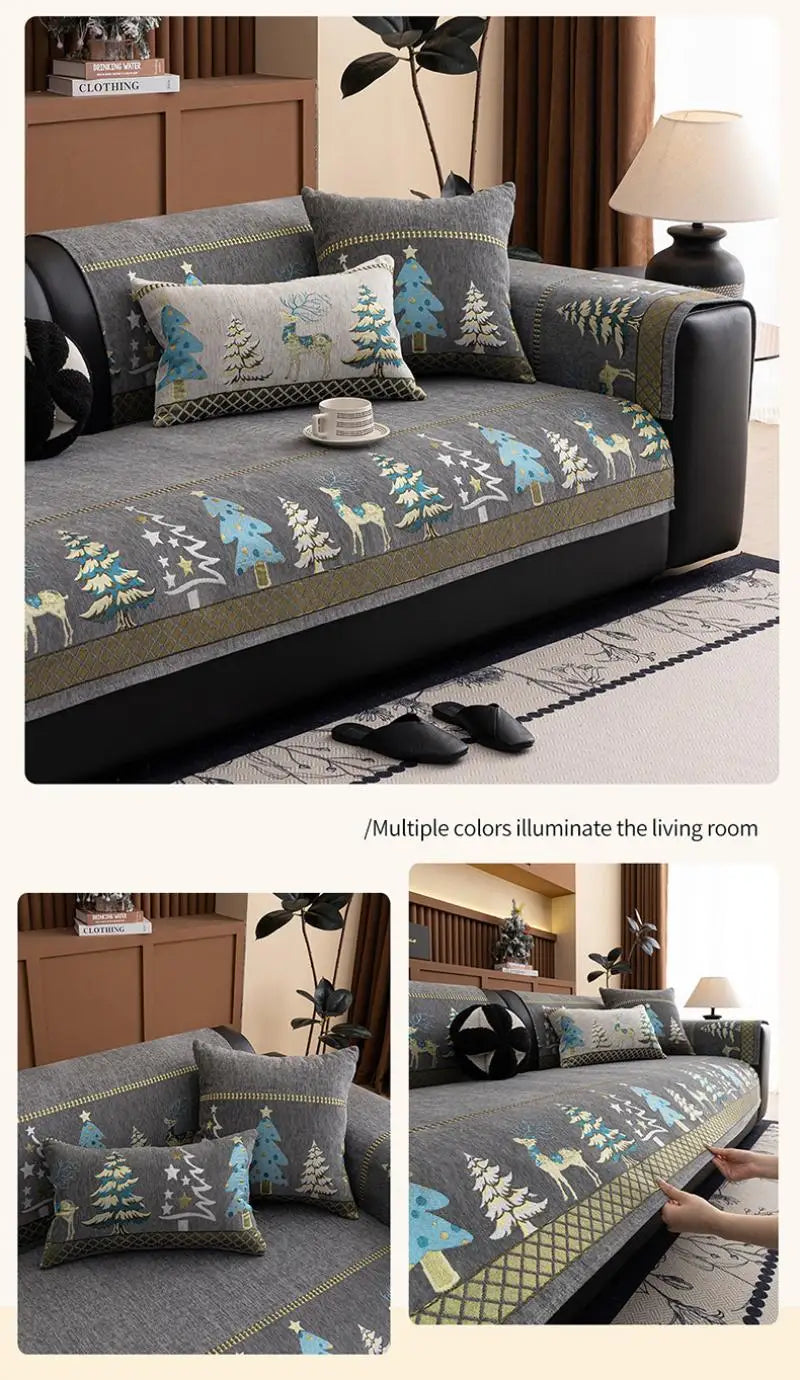 Universal Chenille Christmas Sofa Mat Cover Christmas Tree Deer Pattern Sofa Covers Anti-Slip Fully Covered Sofa Covers Fabric