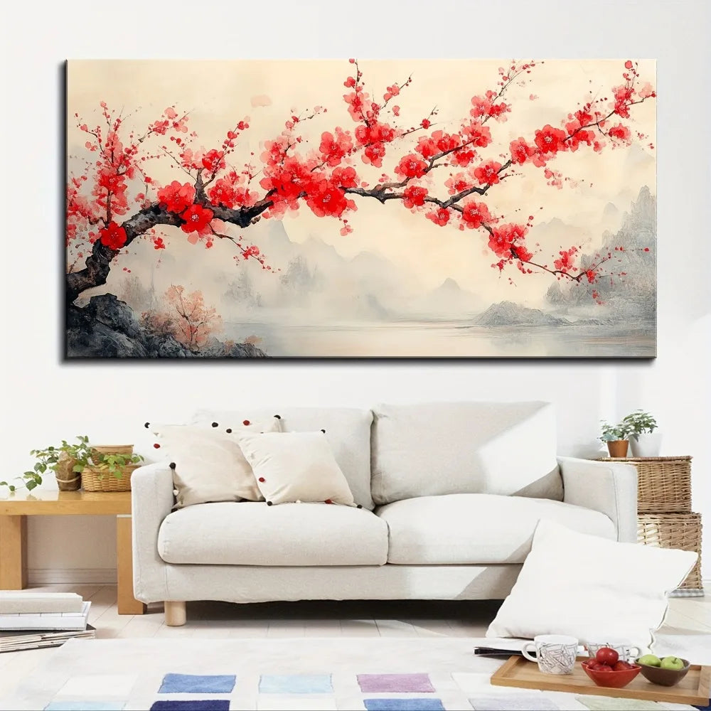 1.5 inch thick pine solid wood frame, Chinese "pink plum" mural, landscape decoration hanging picture