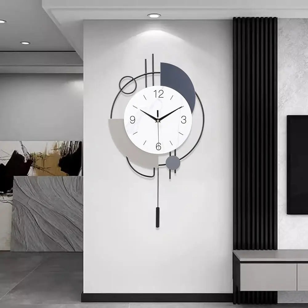 Silent Quartz Wall Clock with Pendulum Decorative Metal Clock Stylish Art Deco Battery Operated
