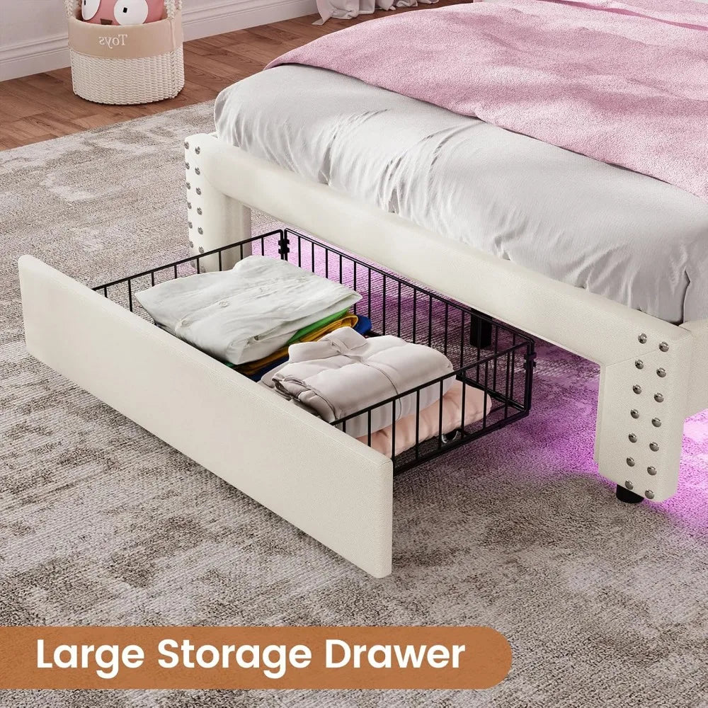 White Twin Bed Frames with LED Lights, Upholstered Platform Bed Frame / Storage Headboard and Charging Station