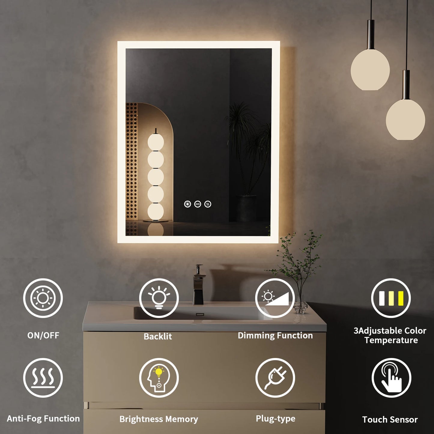 16x20 inch LED Lighted Bathroom Mirror with Anti-Fog Smart Touch Button