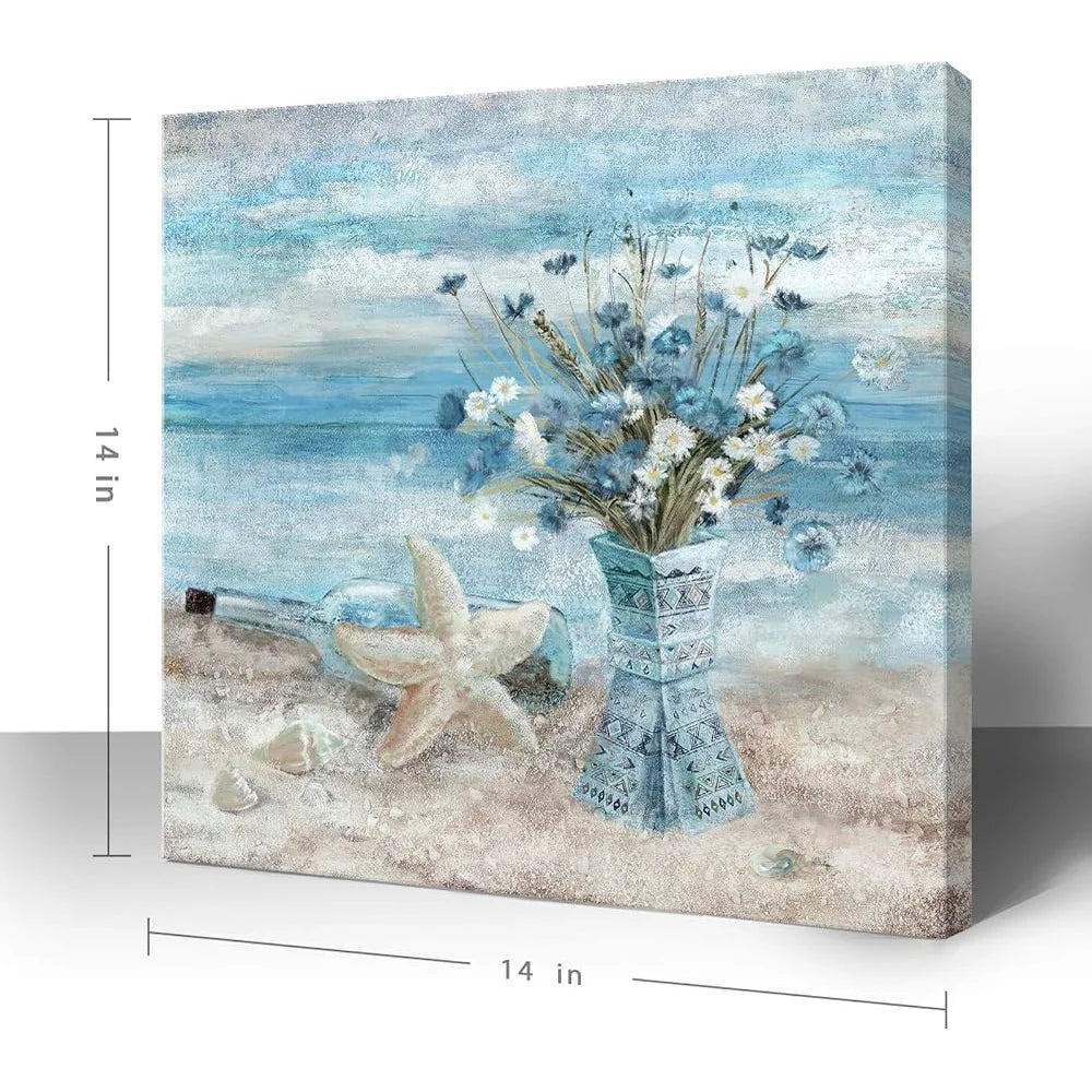 Coastal Beach Canvas Art Ocean Themed Wall Decor Framed Picture Flower Print