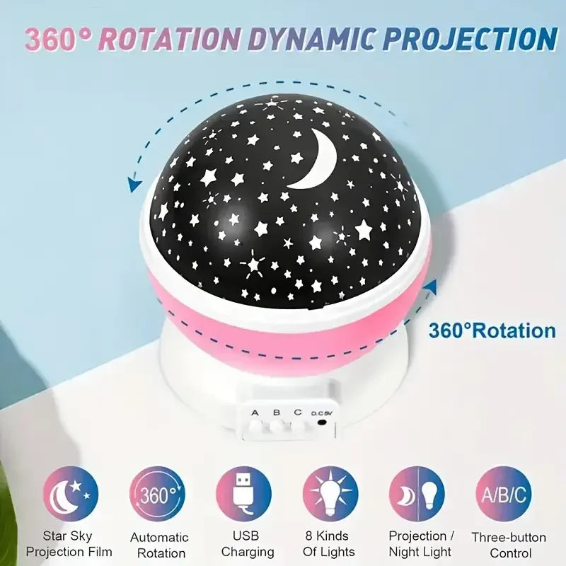 USB powered starry night light projector with moon and stars -360 ° rotatable, 9 color modes