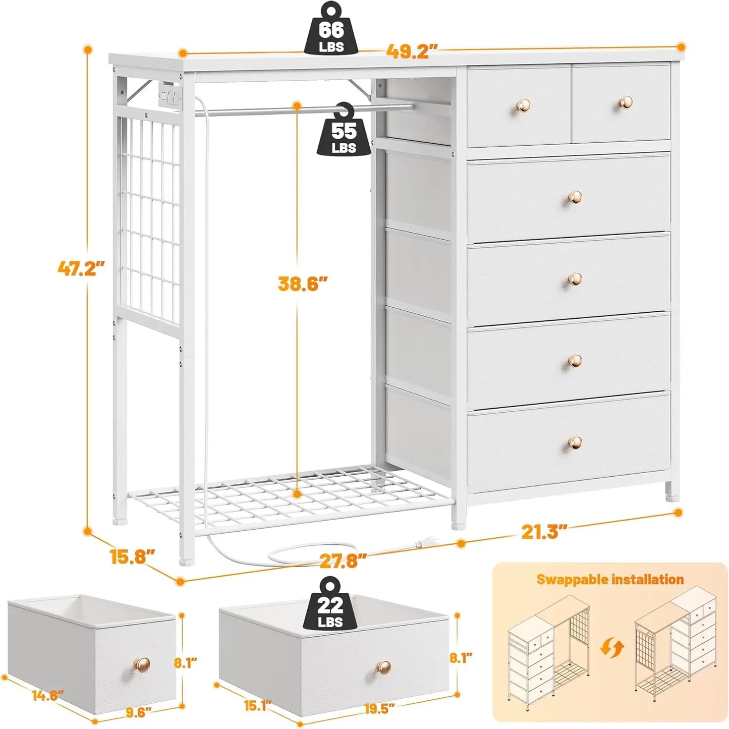49.2" W White Dresser for Bedroom with Hanging Rack, 6 Drawers  LED Lights & Charging Station