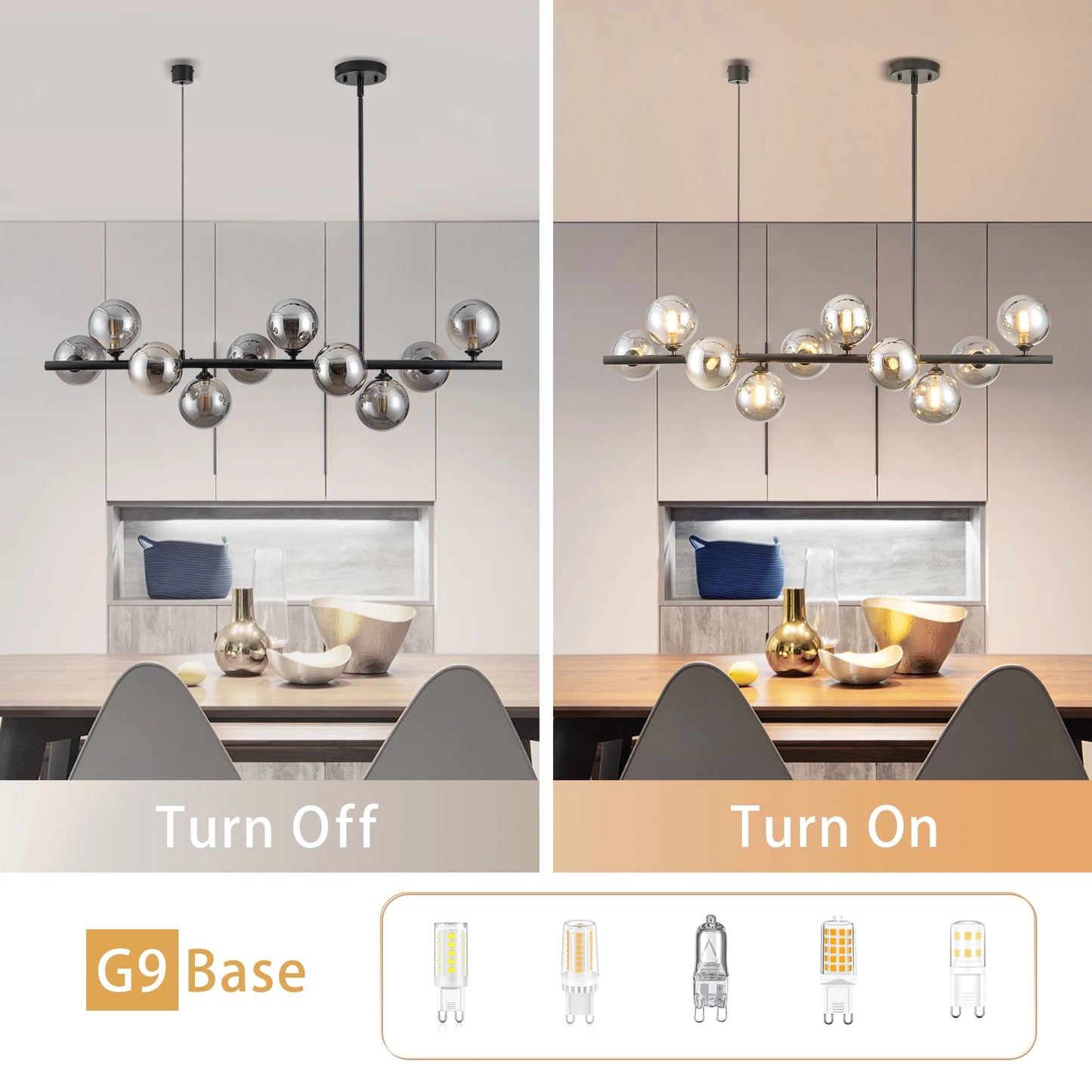 10-Light Matte Black Adjustable Chandelier with Smoked Glass Globe