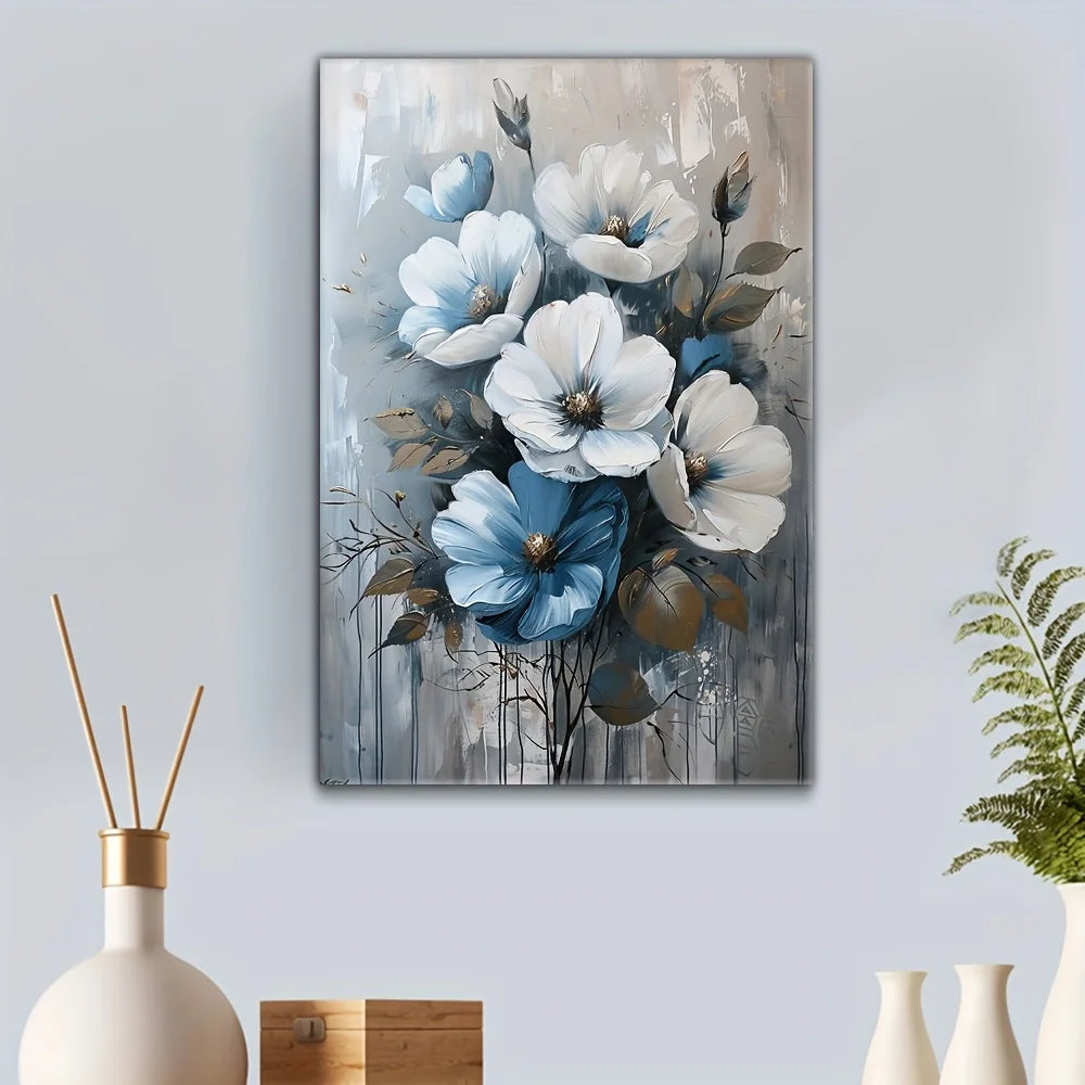 Canvas Painting in Wooden Frame Blue and White Floral Wall Art  Living Room and Bedroom