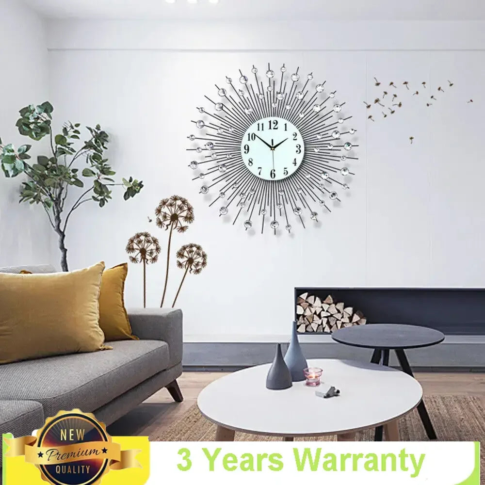 3D Large Metal Sunburst Wall Clock Luxury Battery Operated Diamond Art Wall Watch 60x60cm