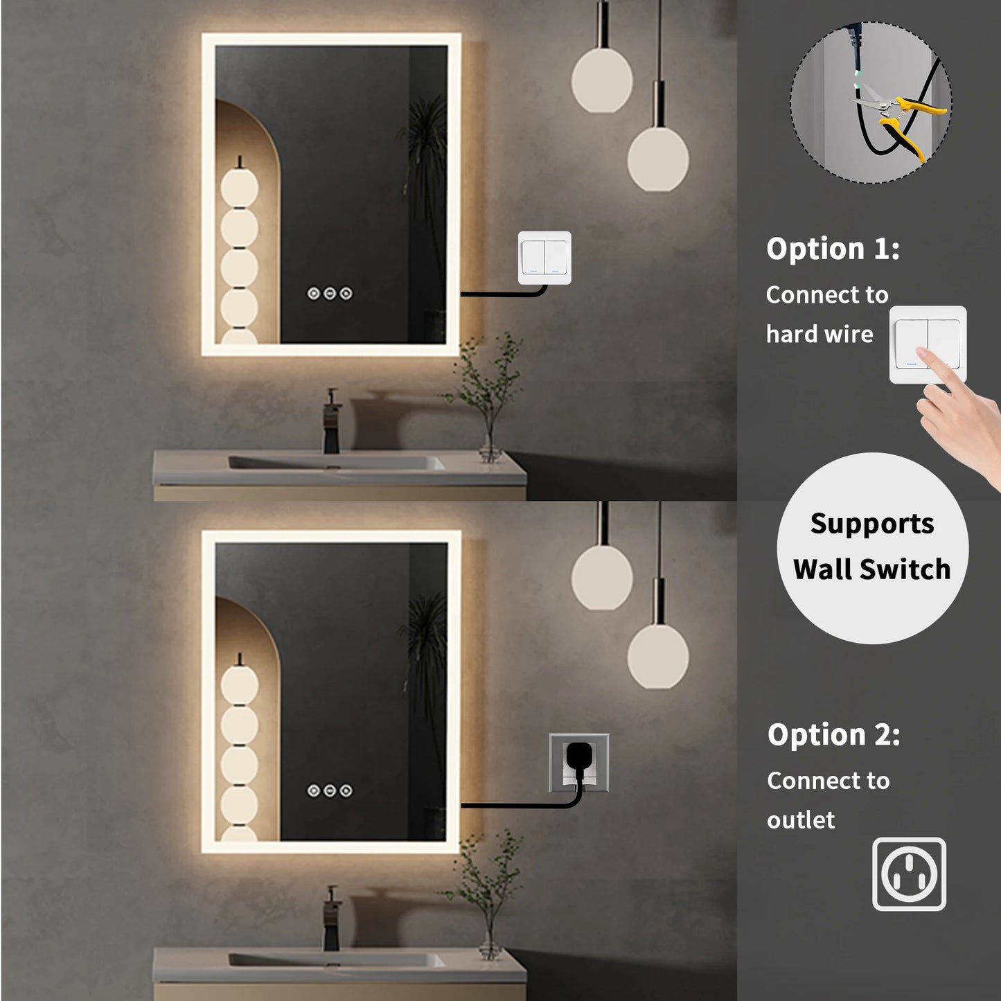16x20 inch LED Lighted Bathroom Mirror with Anti-Fog Smart Touch Button