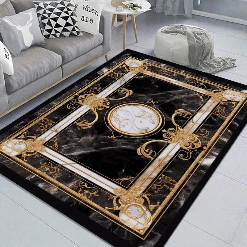 Black Gold Marble Carpet for Living Room / Large Area Rug