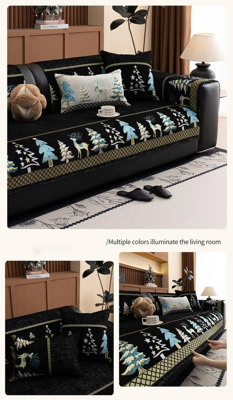 Universal Chenille Christmas Sofa Mat Cover Christmas Tree Deer Pattern Sofa Covers Anti-Slip Fully Covered Sofa Covers Fabric