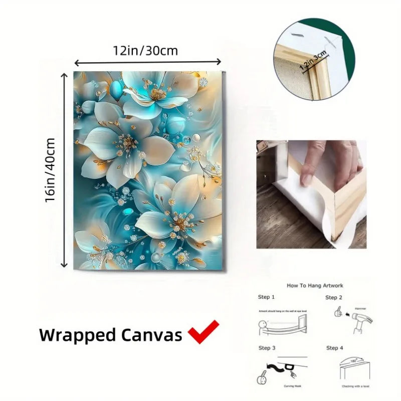 Elegant Oil Painting Artwork Framed Serene Blue and White Flowers with Gold