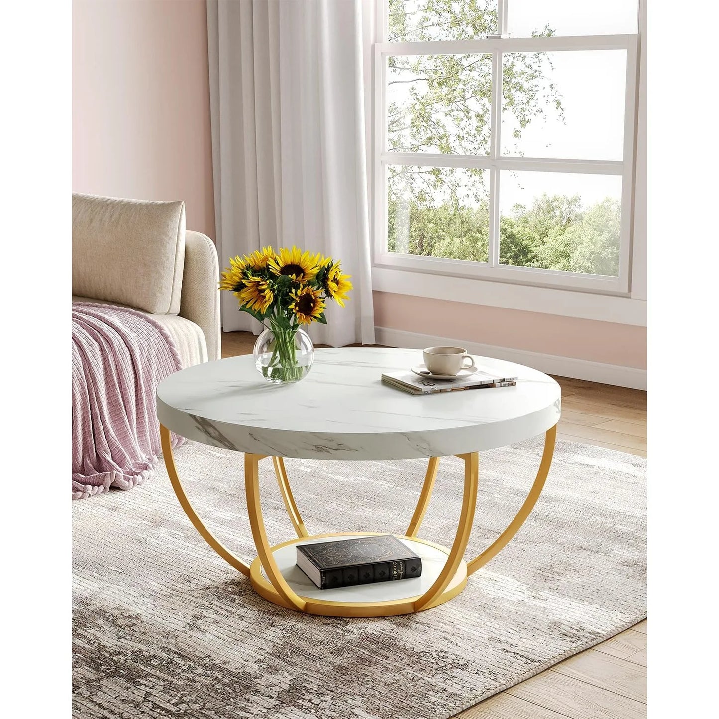 32" Circle Marble Coffee Tables, 2-Tier Golden Metal Legs  Open Storage Modern Design