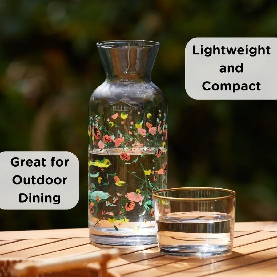 Bedside Water Carafe and Glass Set 23 oz Floral Pitcher with Cup Vintage Decanter for Hydration