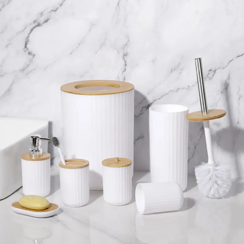 7 Pcs Bathroom Accessories Set, Bamboo Bath Ensemble