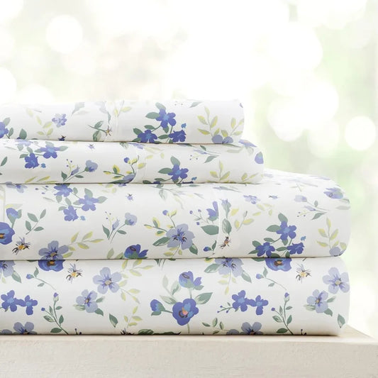 4 Piece Queen Sheet Set (Light Blue Floral)  Ultra-Soft & Cooling