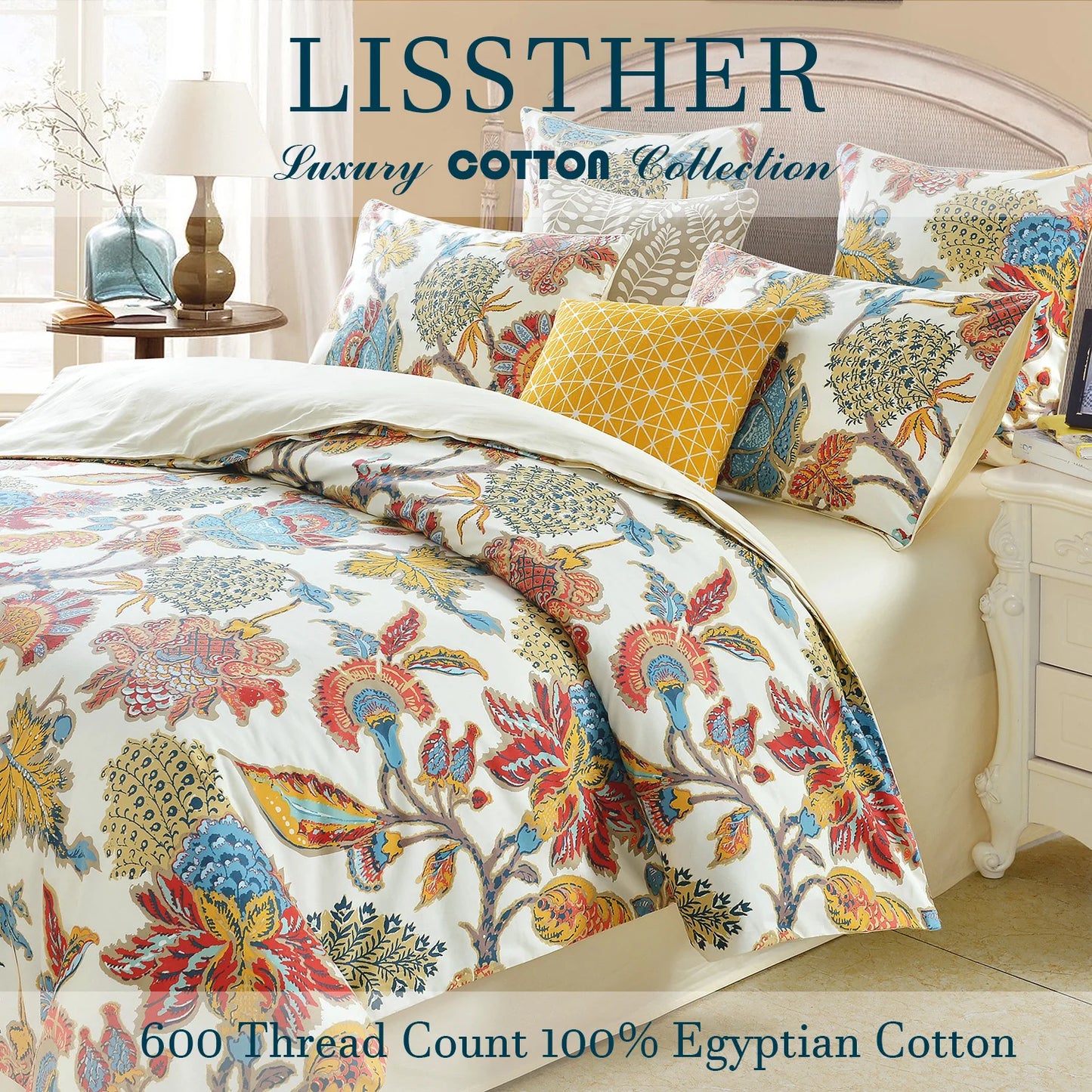 3pcs 600TC 100% Egyptian Cotton Duvet Cover Set, Boho Damask Floral Print, Soft