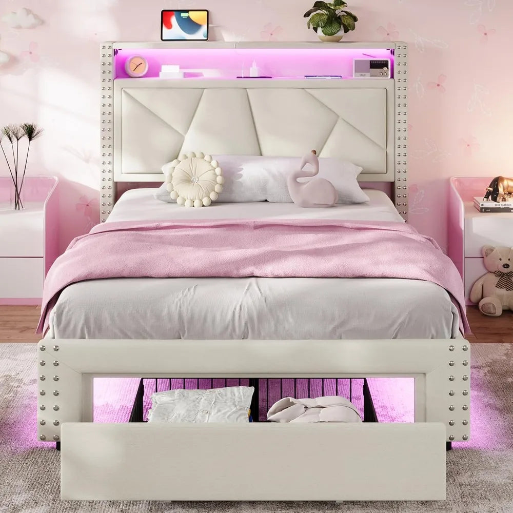 White Twin Bed Frames with LED Lights, Upholstered Platform Bed Frame / Storage Headboard and Charging Station