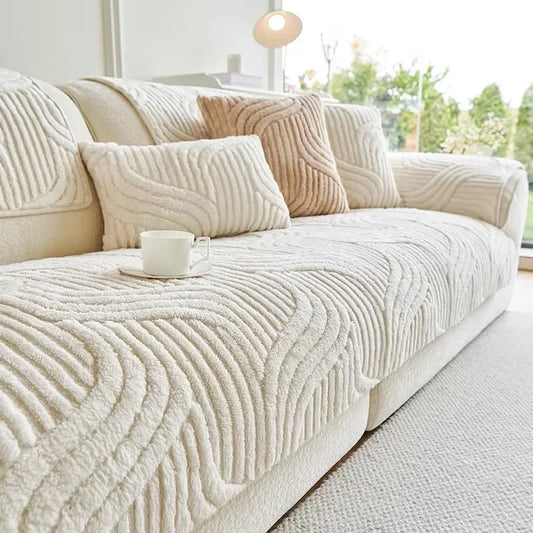 1PC Wave Striped Sofa Cover Solid Color Thicken Plush Non-slip Couch Slipcovers