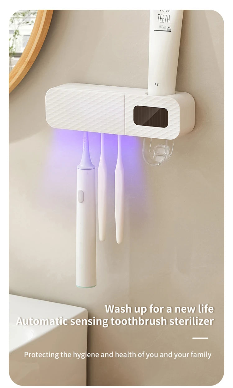 1 smart toothbrush rack wall mounted 3-slot toothbrush intelligent drying rack, toothpaste dispenser