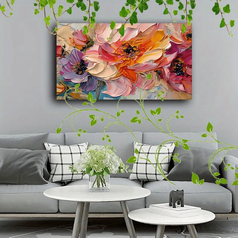 1pc Vibrant Floral Canvas Art with Wooden Frame - Textured Pastel Flowers, Abstract Blossom Arrangement