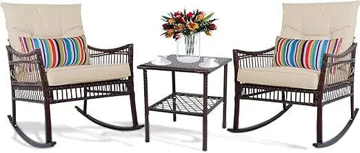 3 Pieces Patio Furniture Set, Wicker Rocking Chairs Bistro Set with Coffee Table