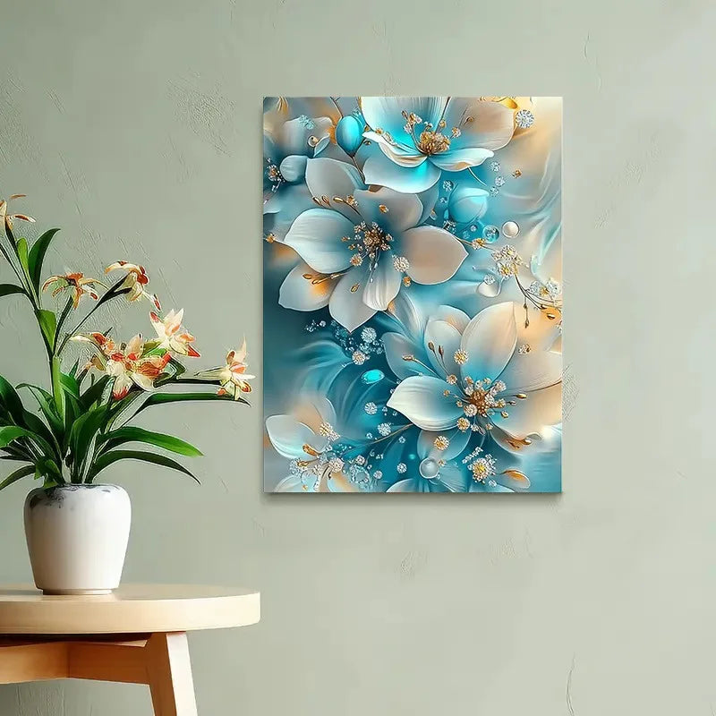 Elegant Oil Painting Artwork Framed Serene Blue and White Flowers with Gold
