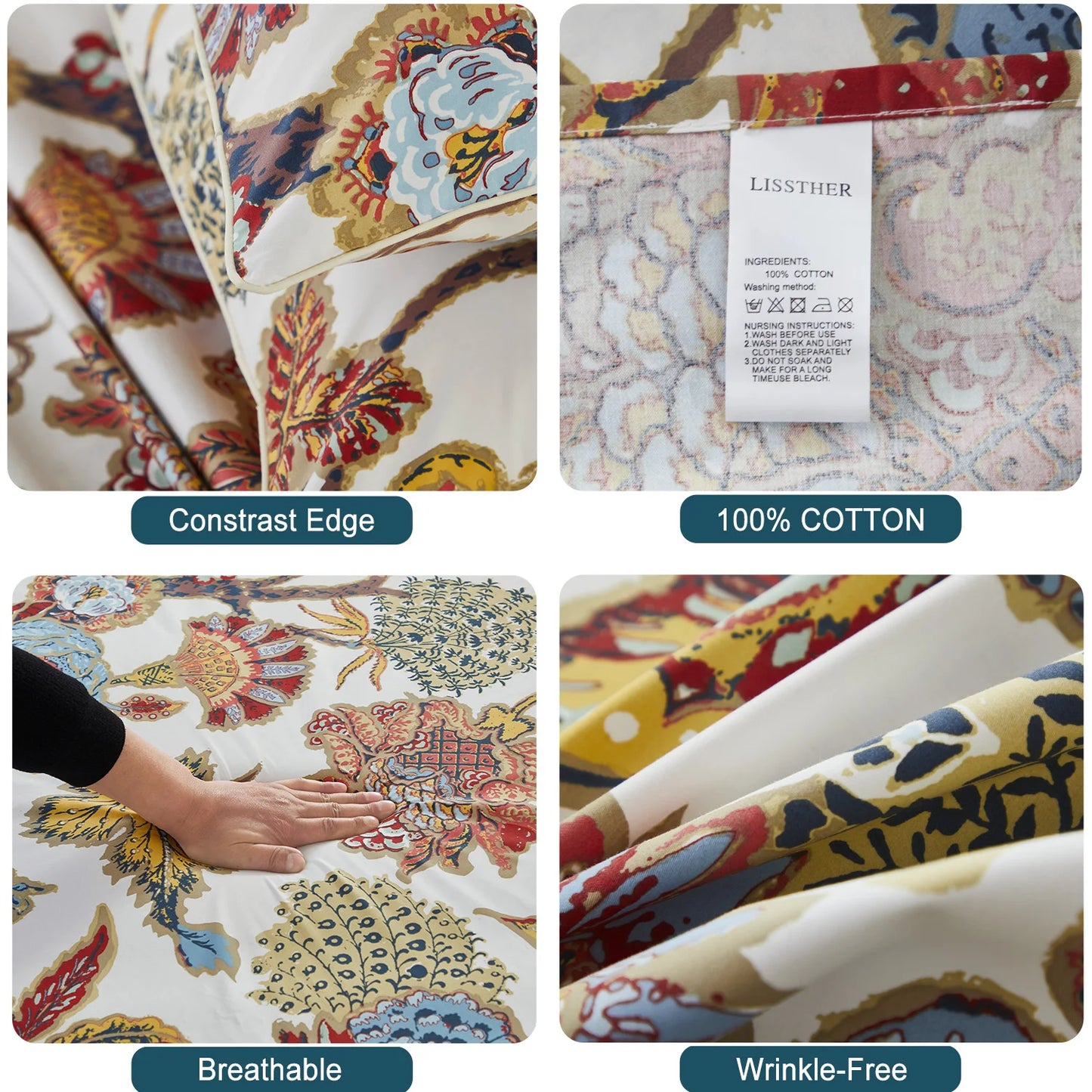 3pcs 600TC 100% Egyptian Cotton Duvet Cover Set, Boho Damask Floral Print, Soft