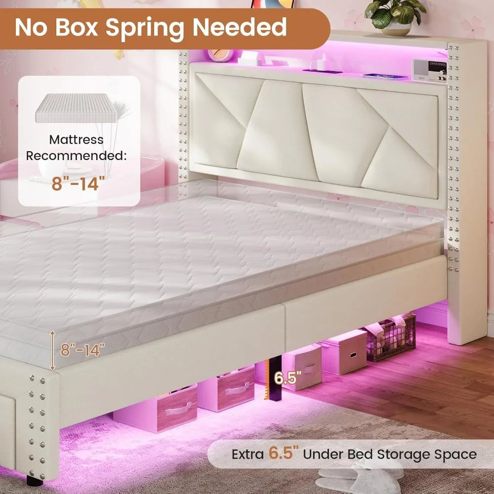 White Twin Bed Frames with LED Lights, Upholstered Platform Bed Frame / Storage Headboard and Charging Station