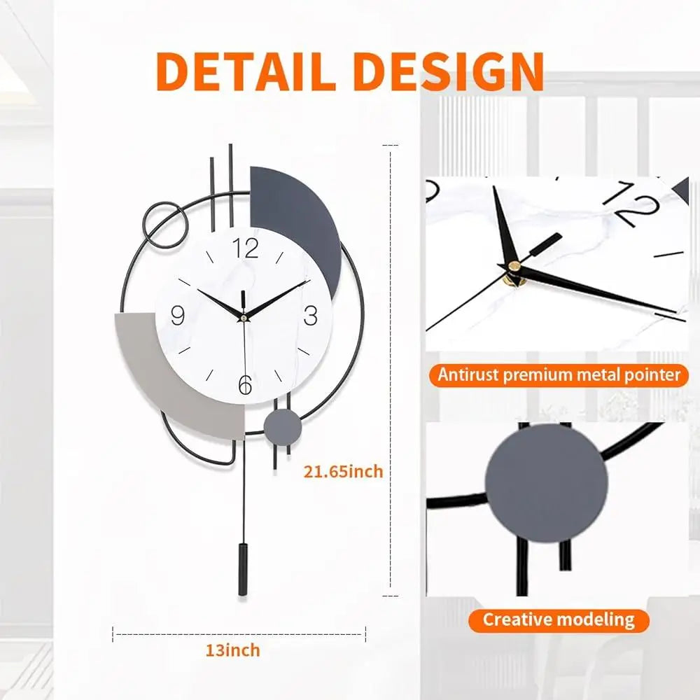 Silent Quartz Wall Clock with Pendulum Decorative Metal Clock Stylish Art Deco Battery Operated