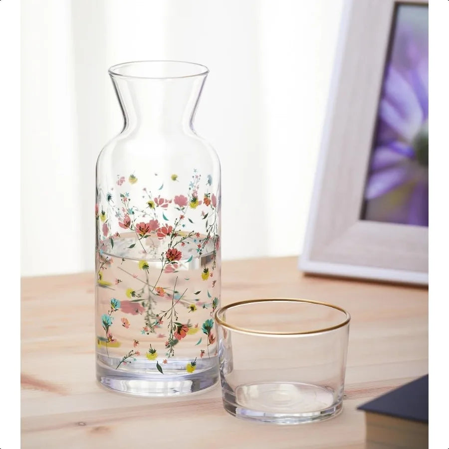 Bedside Water Carafe and Glass Set 23 oz Floral Pitcher with Cup Vintage Decanter for Hydration
