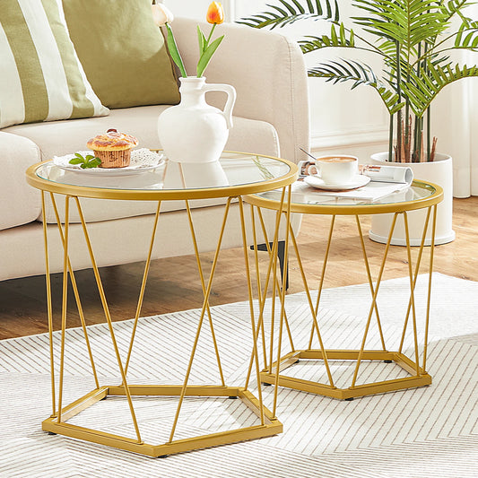 Coffee Table Set of 2 Round Coffee End Table with Metal Frame Glass Top Gold Side Table for