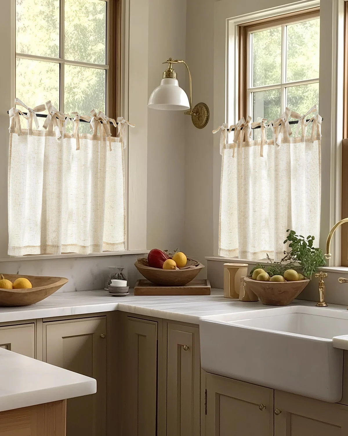 Tie Top Linen Small Window Curtains Light Filtering Privacy Half Window Drapes Living Room Bathroom Kitchen Cafe