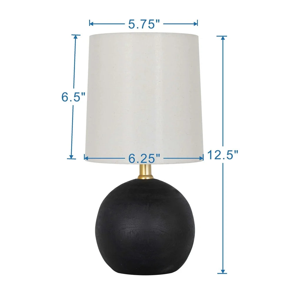 Mini Black Wood Ball Table Lamp with White Fabric Shade 12.5 Inch Stylish Accent