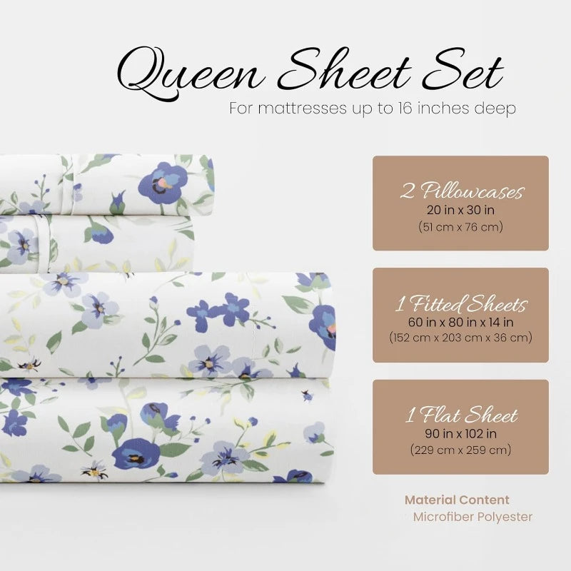 4 Piece Queen Sheet Set (Light Blue Floral)  Ultra-Soft & Cooling