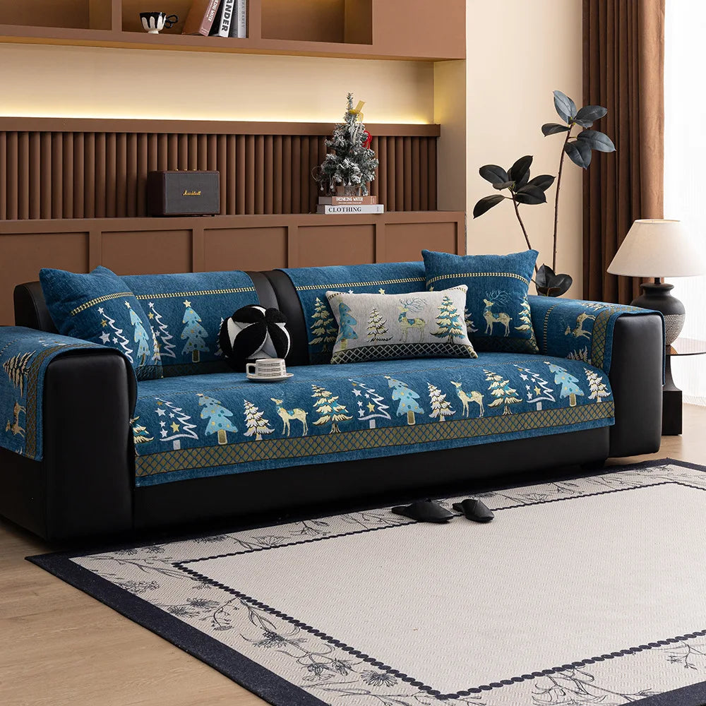 Universal Chenille Christmas Sofa Mat Cover Christmas Tree Deer Pattern Sofa Covers Anti-Slip Fully Covered Sofa Covers Fabric
