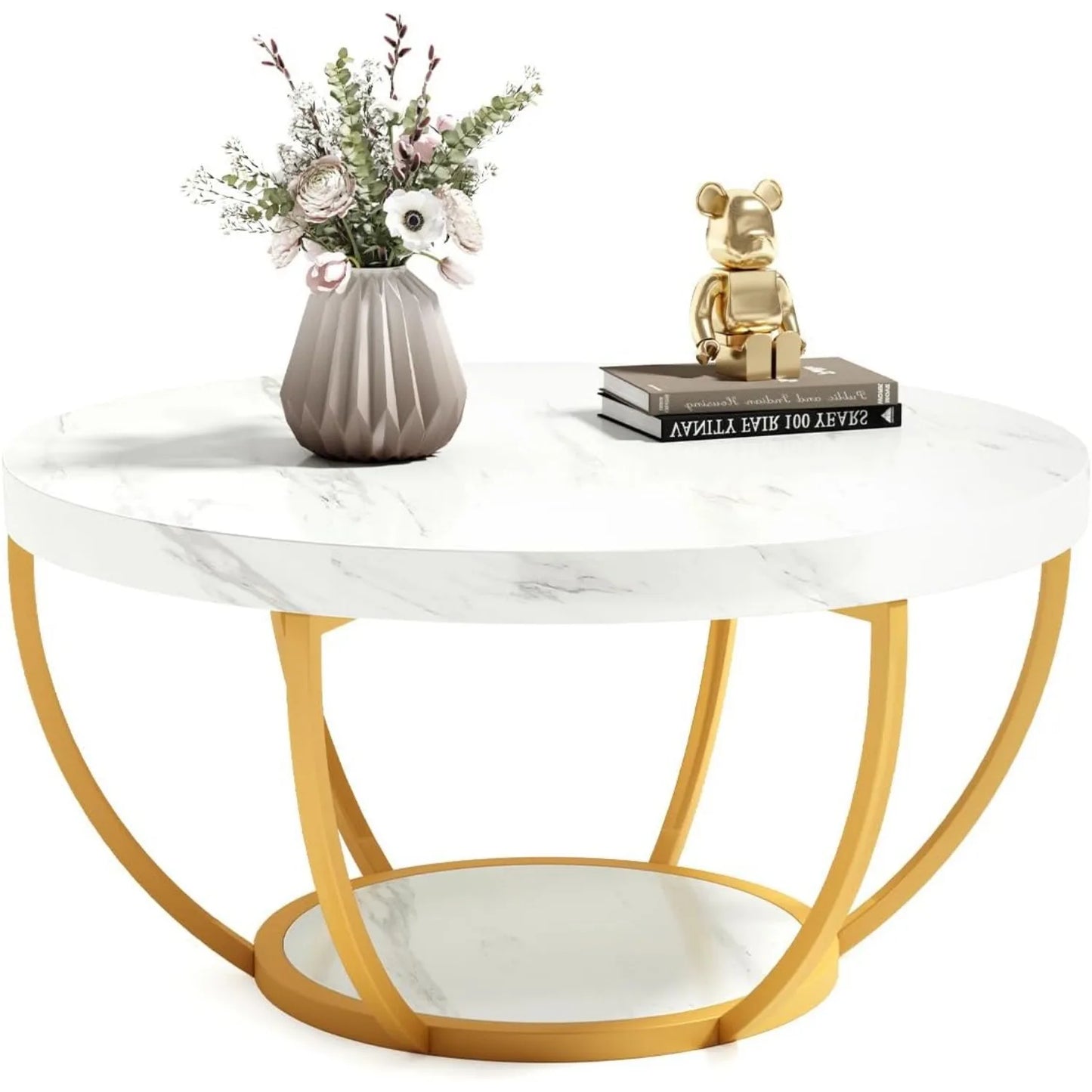 32" Circle Marble Coffee Tables, 2-Tier Golden Metal Legs  Open Storage Modern Design