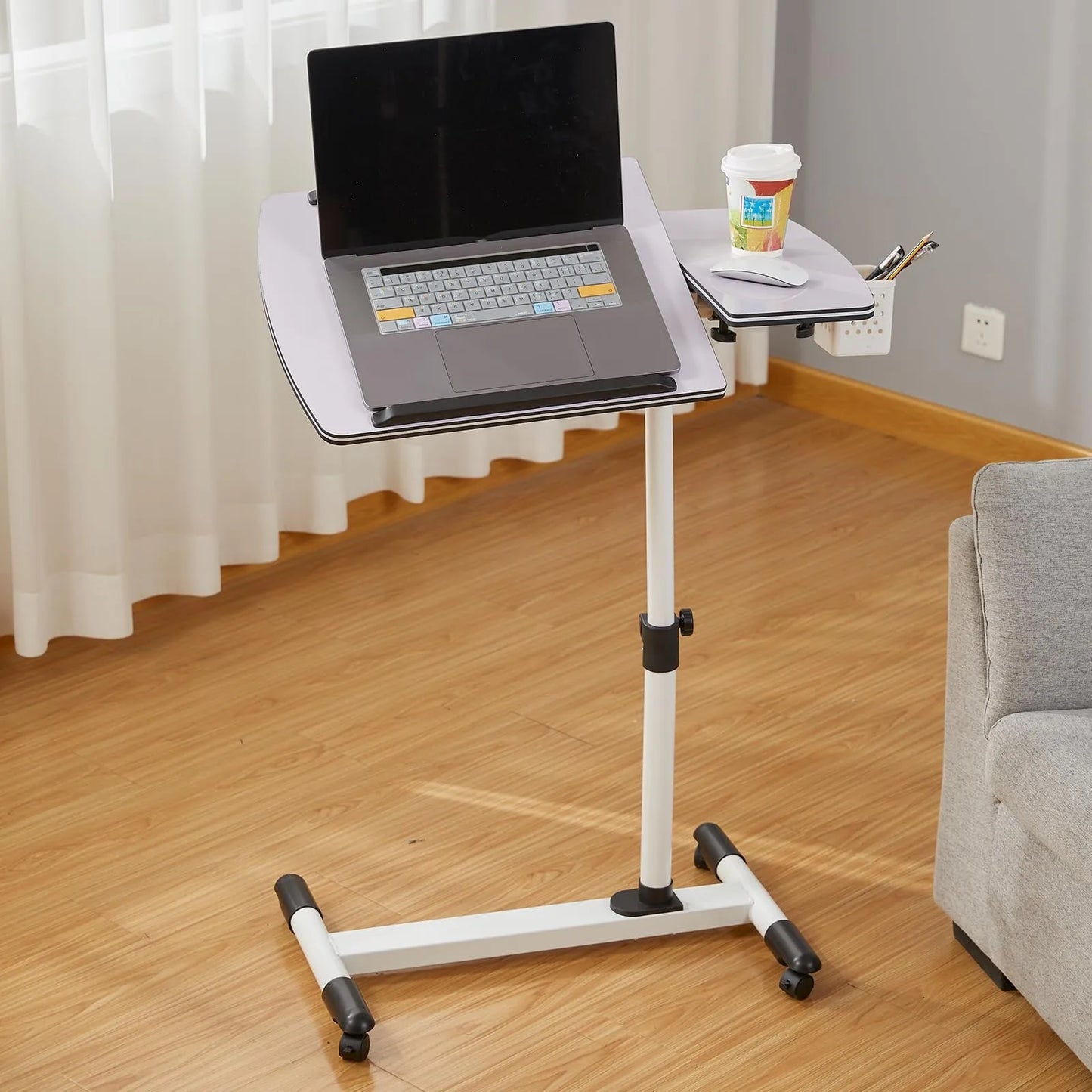 Overbed Bedside Table with Wheels, Adjustable Overbed Table with Tilting Desktops, Rolling Laptop Table