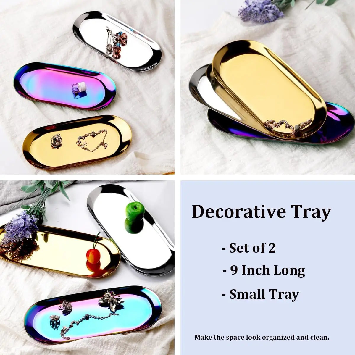 [Hot Deal!]Stainless Steel Decorative Tray, Set of 2, 9 Inch Long, Jewelry Dish Cosmetics Organizer