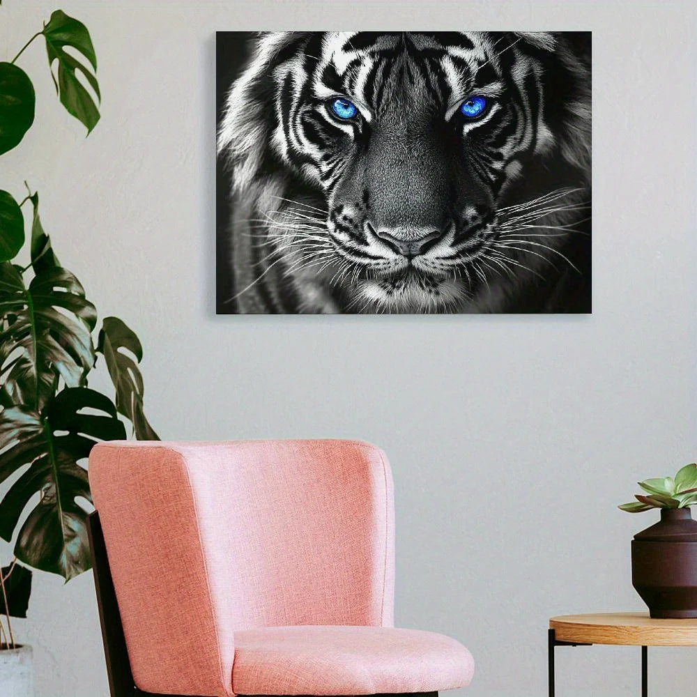Wooden Frame Canvas Painting Blue Eyes Tiger  Animal Black White Prints