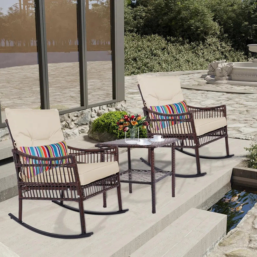 3 Pieces Patio Furniture Set, Wicker Rocking Chairs Bistro Set with Coffee Table