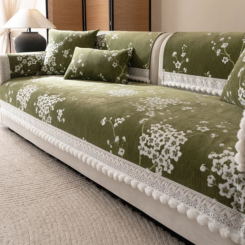 Chenille Flowers Sofa Cover All Season Non-slip Couch Protector