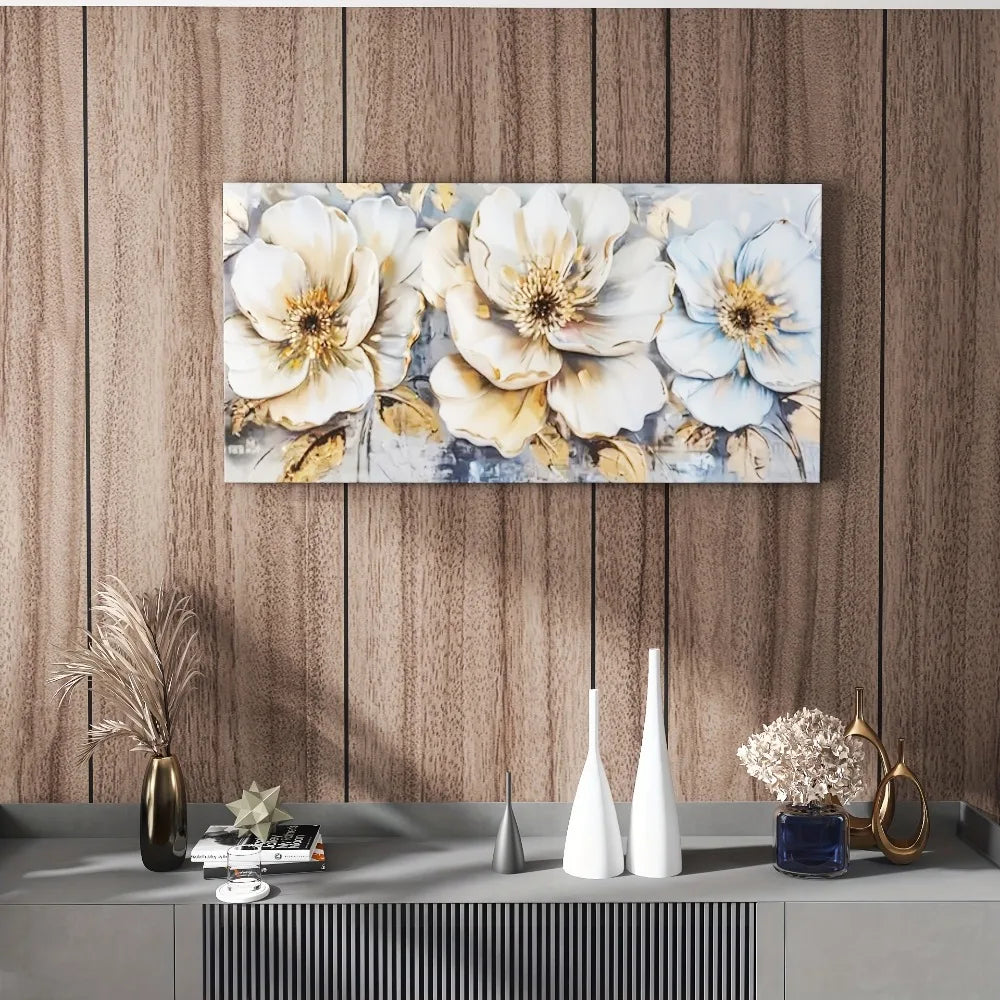 1.5 inch thick pine frame, abstract white camellia canvas wall art, modern decorative paintings
