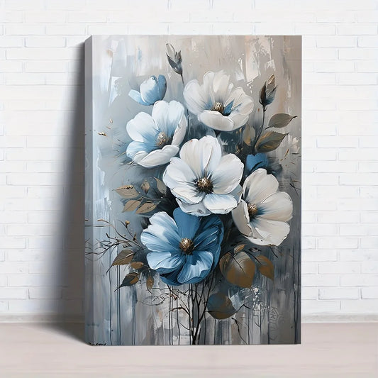 Canvas Painting in Wooden Frame Blue and White Floral Wall Art  Living Room and Bedroom