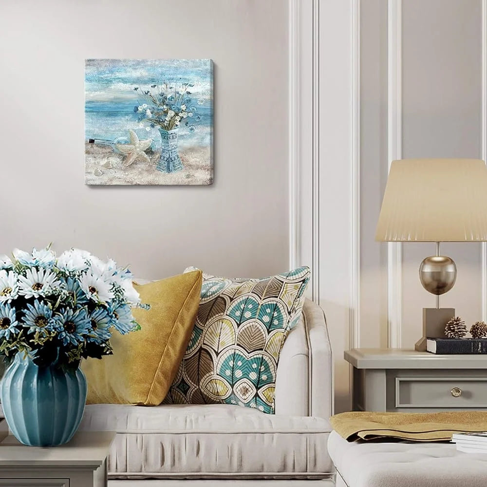 Coastal Beach Canvas Art Ocean Themed Wall Decor Framed Picture Flower Print